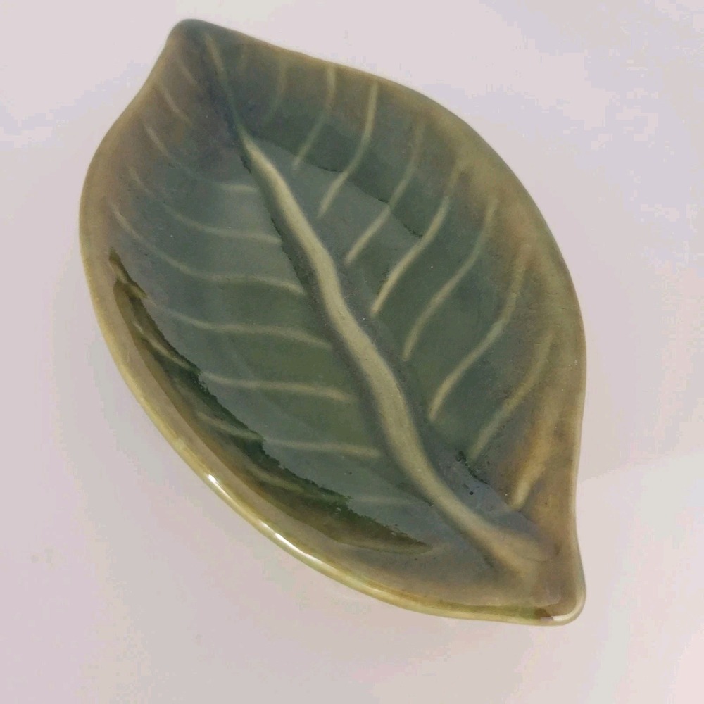 Pier 1 Leaf Dish Green Brown Pottery Trinket Tray 6" Nature Decor